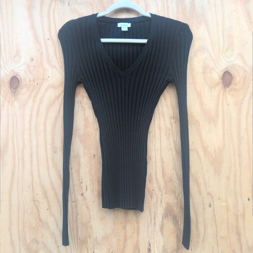 Sundance Rib Knit Tight Fit V Neck Pullover Black Women's XS